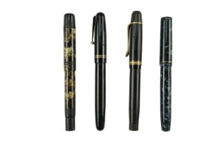 Four vintage fountain pens comprising a Swan self-filler, a Matador Express and two others