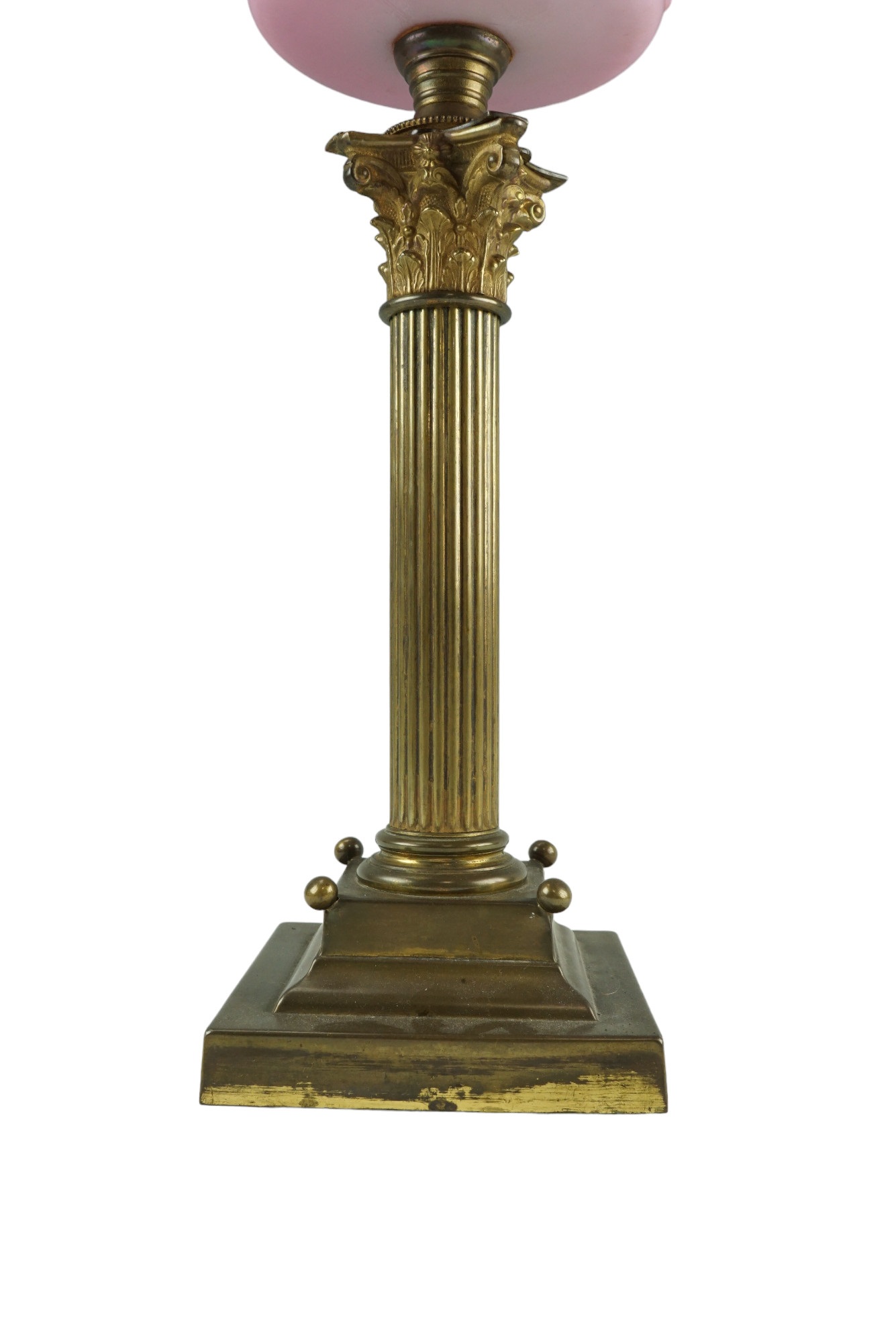 A Victorian columnar oil lamp, having a Duplex burner and floral-scroll-moulded pink opaline glass - Image 3 of 12