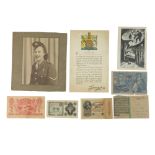 A group of military ephemera and banknotes including two Allied anti-Japanese propaganda leaflets