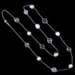A Dower & Hall checkerboard-faceted semi-precious gemstone, pearl and white metal opera length
