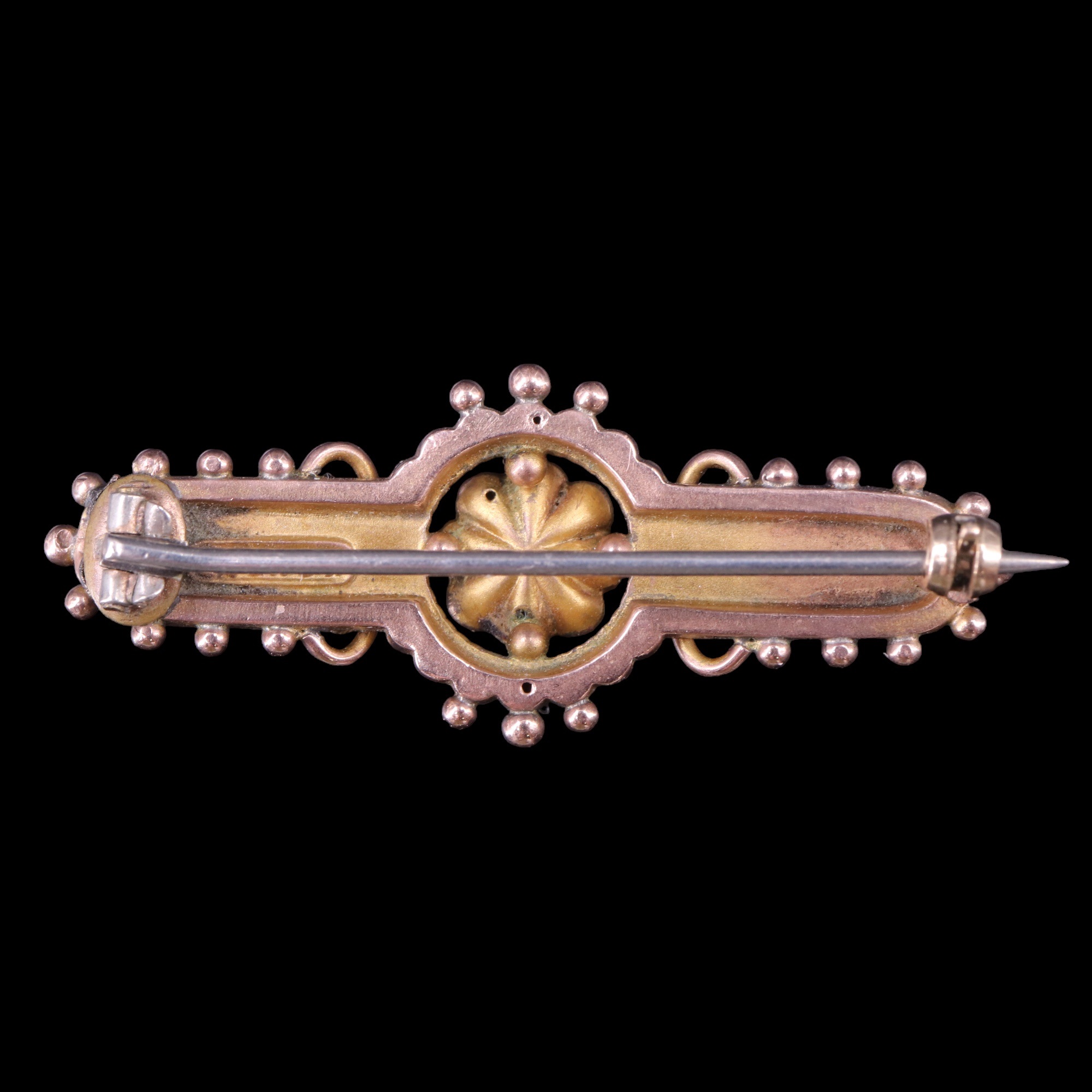 A Victorian pink stone, seed pearl and 9 ct gold bar brooch, centred by a flowerhead plaque within a - Image 2 of 2
