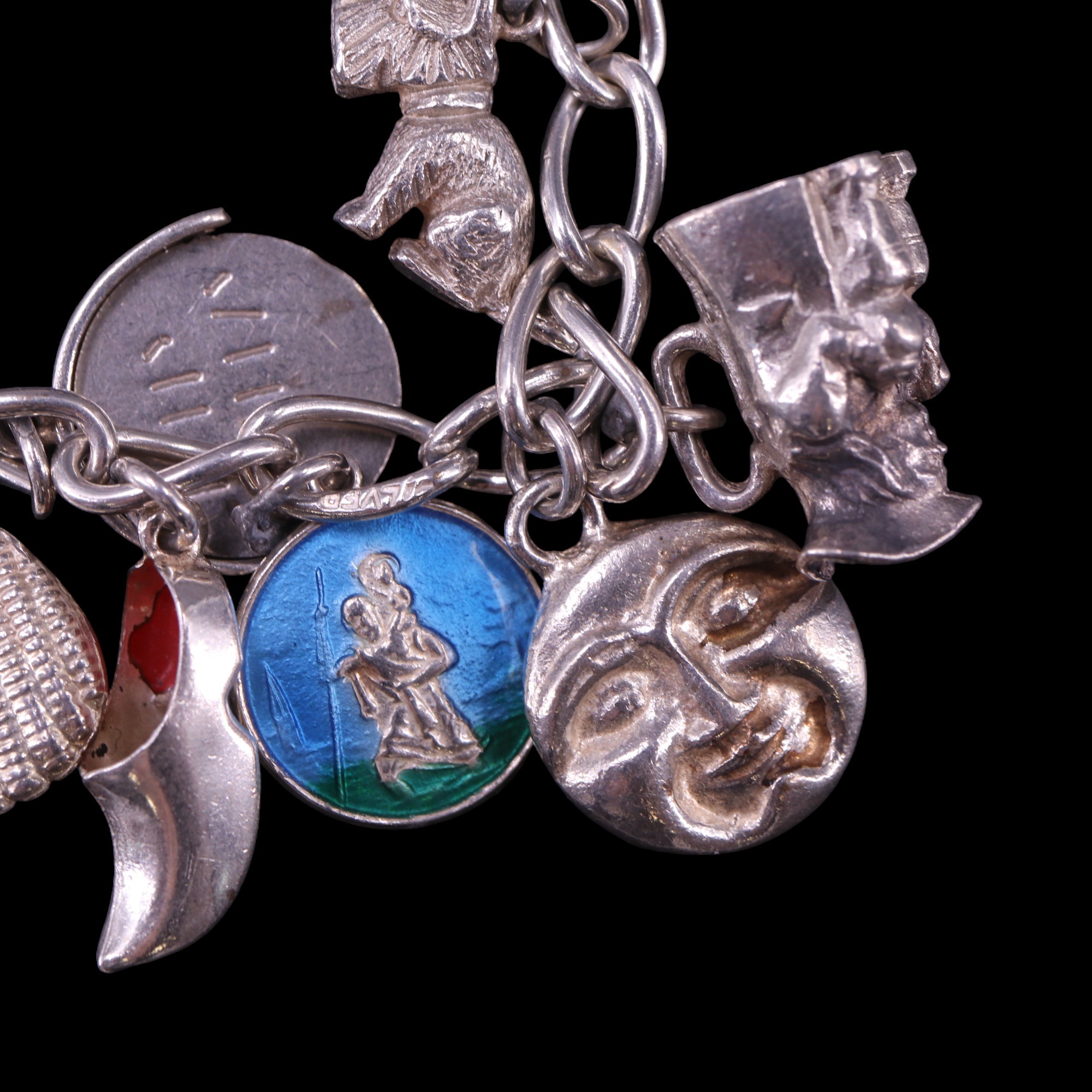 Three vintage white metal charm bracelets including European enamelled shield charms, 79 g - Image 4 of 7