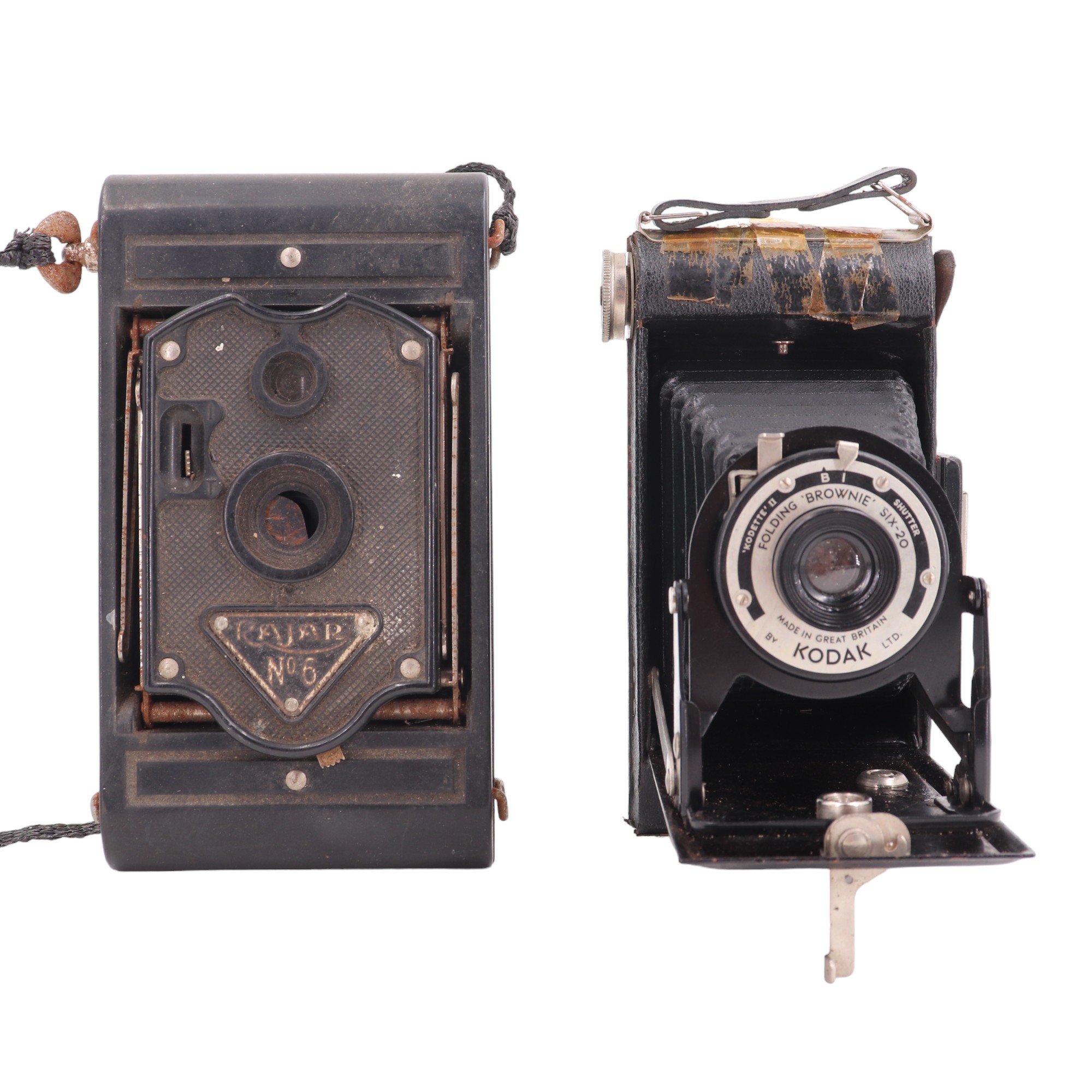 Two 1930s folding roll-film cameras comprising a cased Kodak Folding Brownie Six-20 and a Rajar No