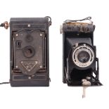 Two 1930s folding roll-film cameras comprising a cased Kodak Folding Brownie Six-20 and a Rajar No