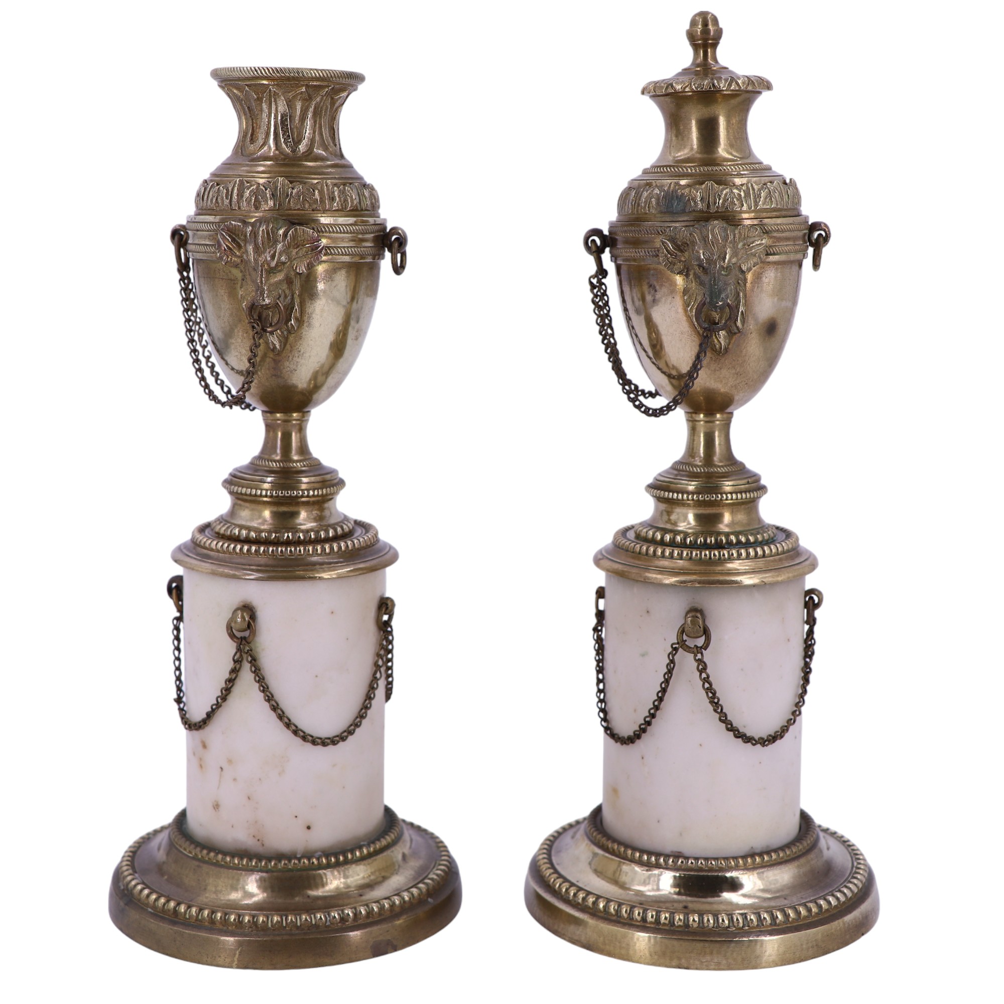 A pair of Louis XVI style brass and alabaster columnar candlesticks, each in the form of an - Image 2 of 6
