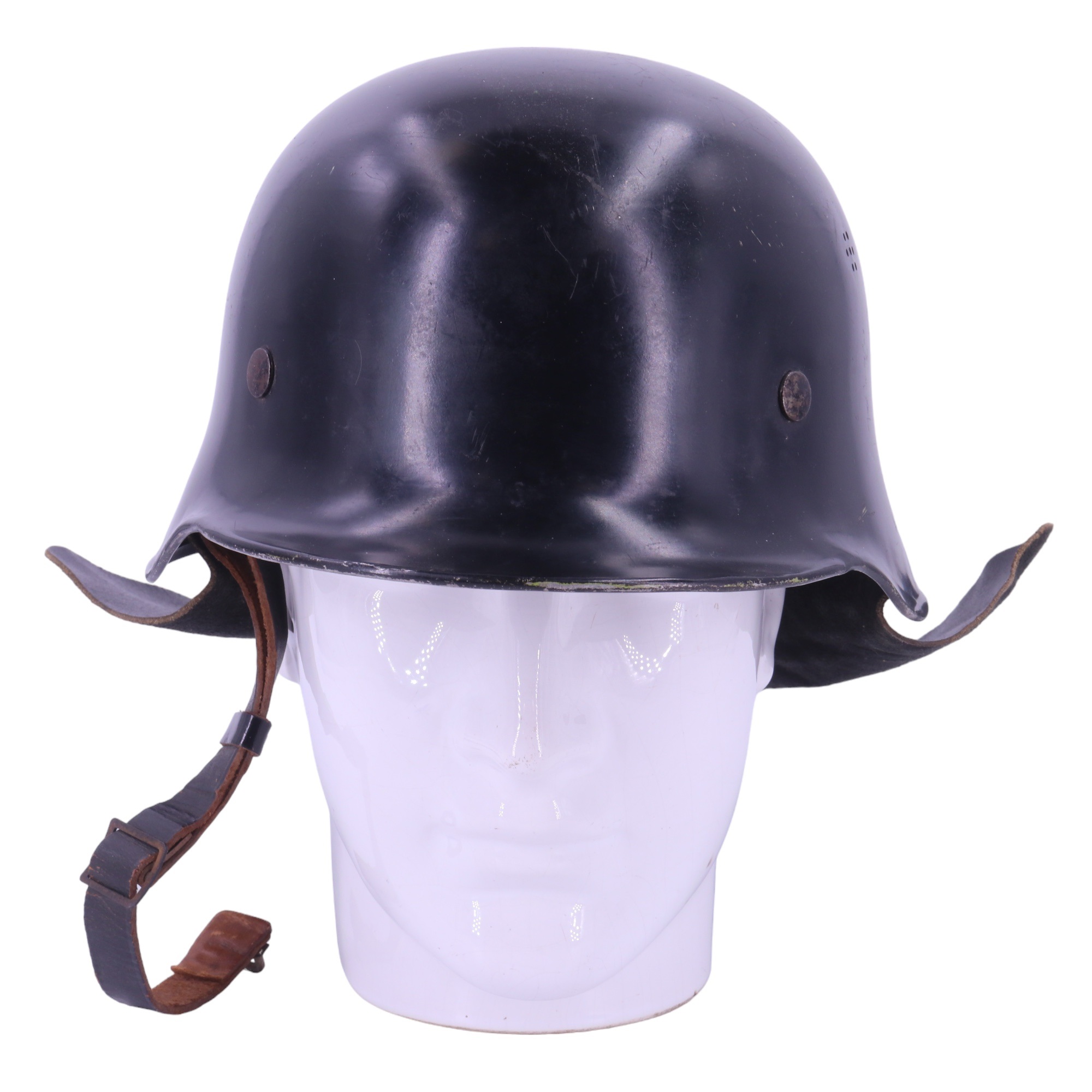 A German Model 1935 fire service aluminium helmet with leather neck guard - Image 2 of 9