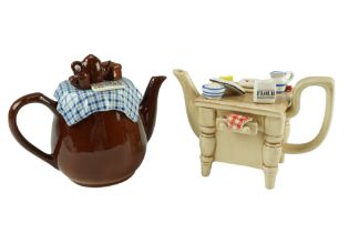 Two 1987 Sunshine Ceramics novelty teapots, tallest 18 cm