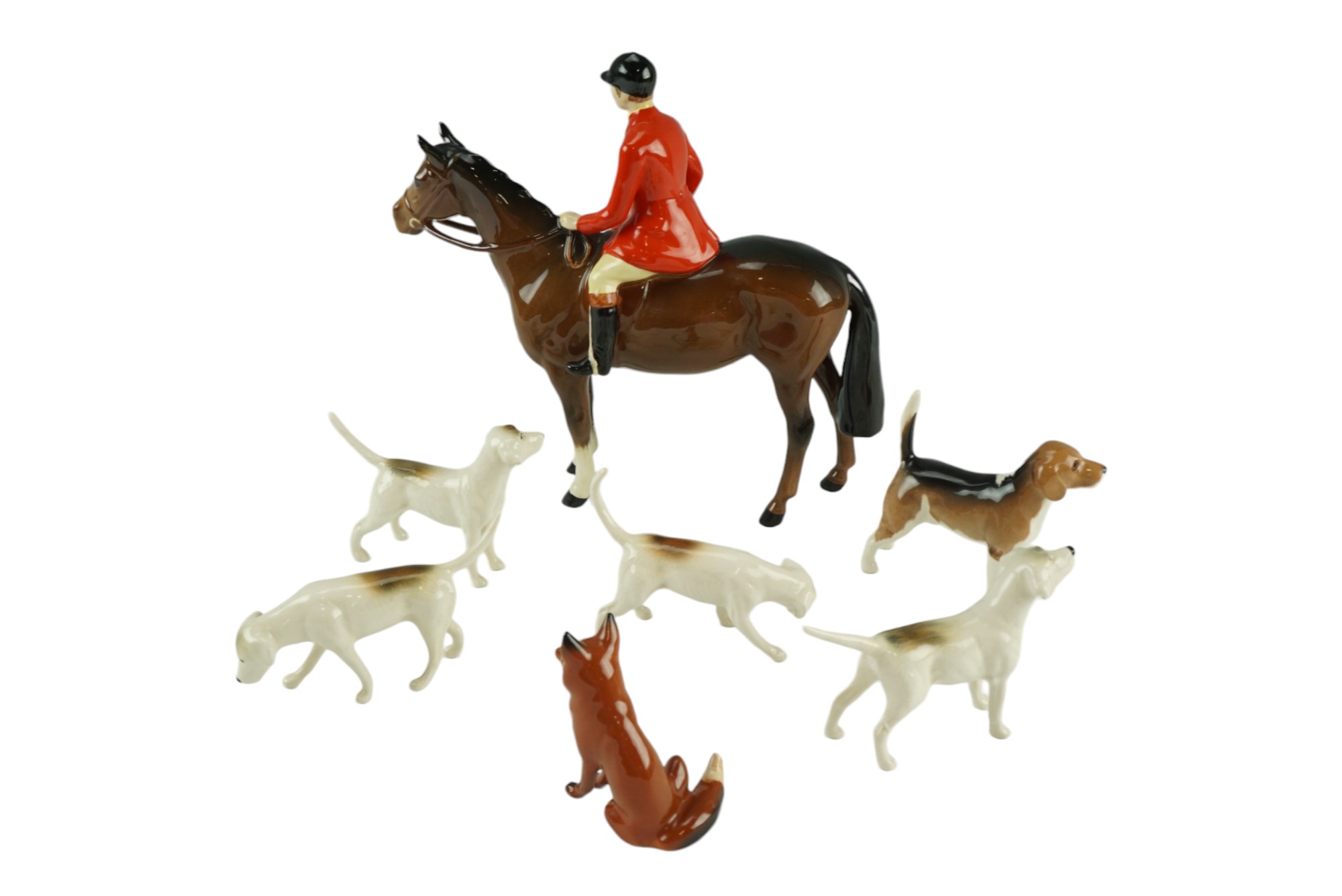 A Beswick "The Huntsman" figurine together with hounds and a fox, former 21 cm (small chip to hat - Image 2 of 3