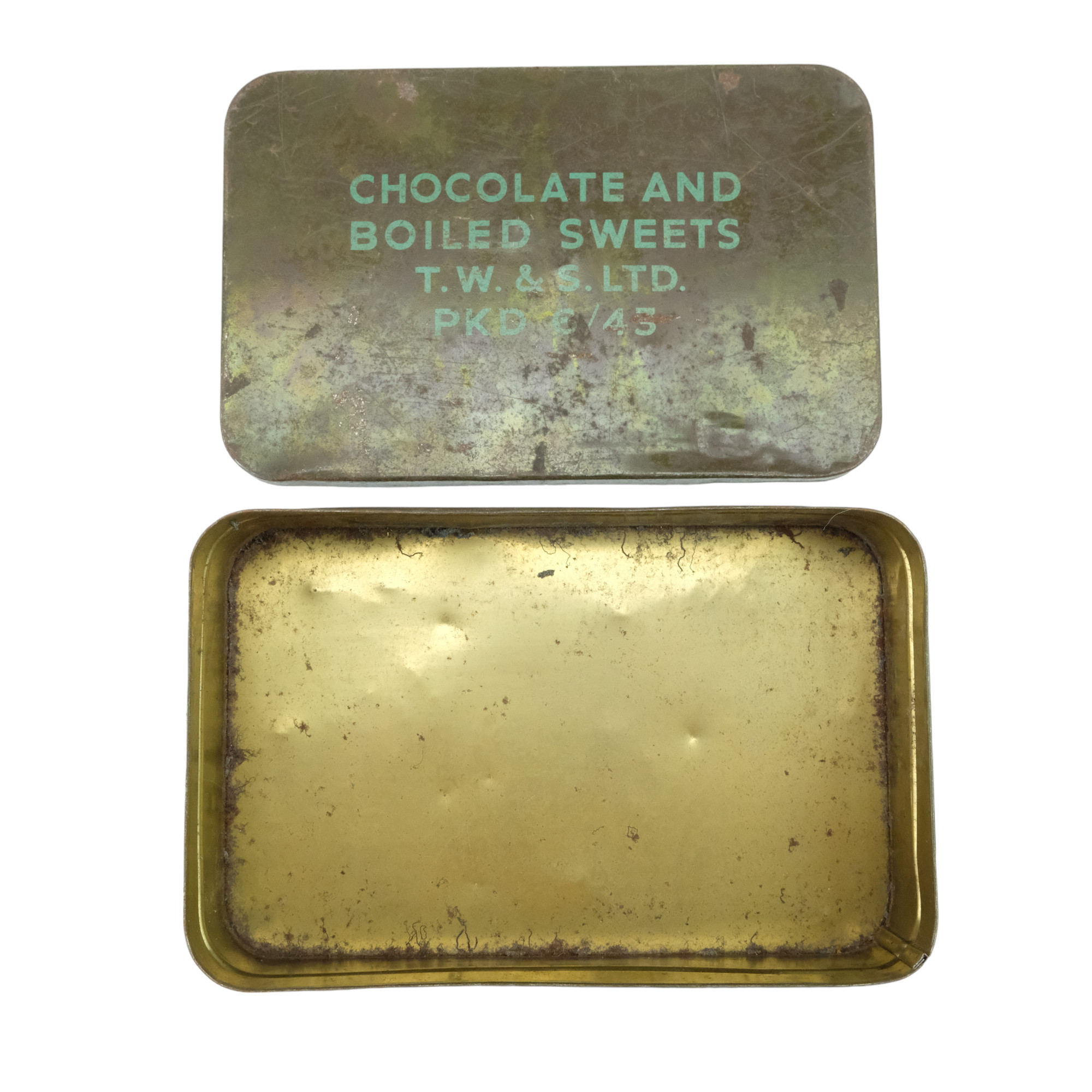 A 1945 British Army Chocolate and Boiled Sweets ration tin - Image 2 of 2