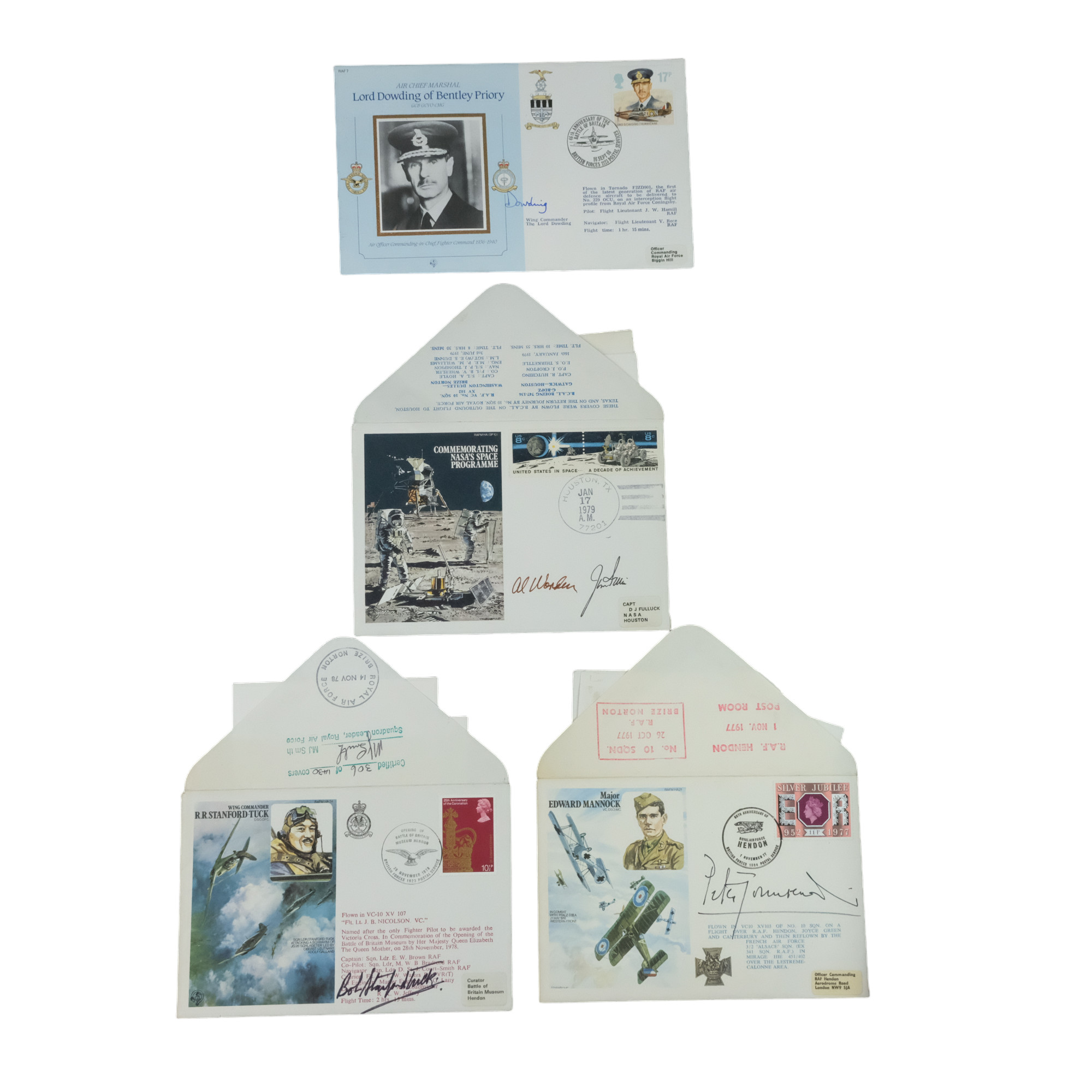 RAF and NASA flown stamp covers with portrait photograph enclosures commemorating Lord Dowding,