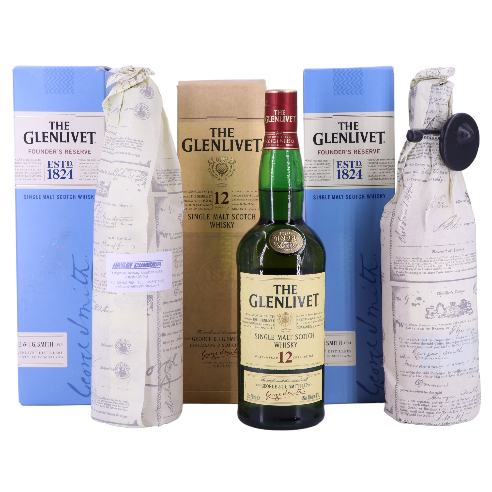 Three boxed bottles of The Glenlivet comprising two Founder's Reserve and a 12 Years of Age single