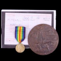 A Victory Medal and Memorial Plaque to 35906 Pte William Leo Mitchell, Border Regiment