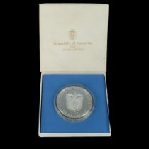 A cased 1974 Panama 20 Balboas silver proof coin with certificate of authenticity from The