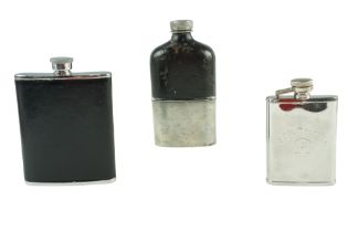 A Victorian hip flask together with a late 20th Century Jack Daniels and one other flask