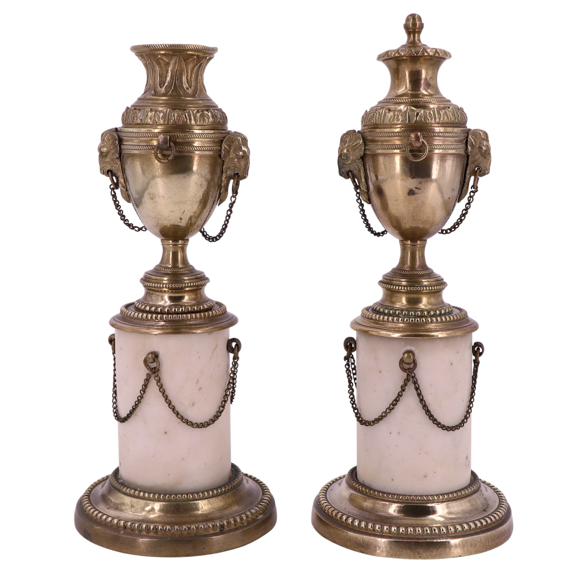 A pair of Louis XVI style brass and alabaster columnar candlesticks, each in the form of an - Image 3 of 6