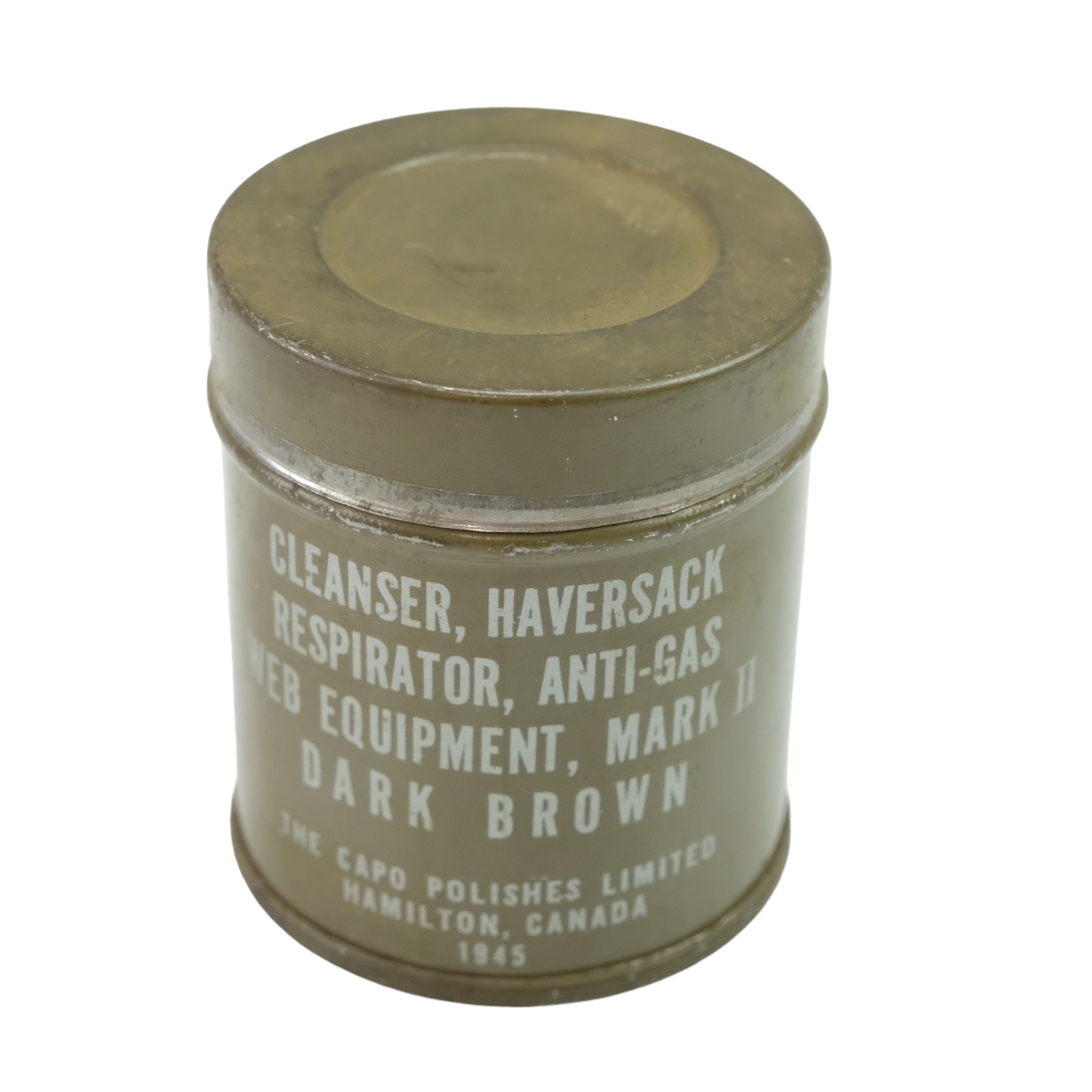 A 1945 dated tin of Canadian Army webbing equipment cleanser