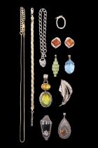A small quantity of late 20th Century white metal jewellery, comprising a pair of sun-spangled amber