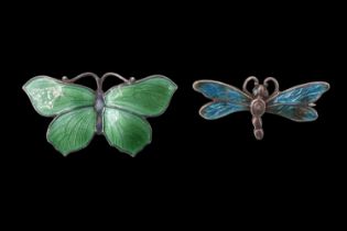 An early 20th Century enamelled white metal butterfly brooch by J Aitkin & Son, marked 'Sterling',