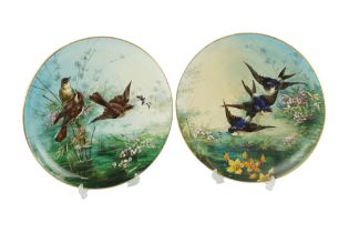 A pair of large late Victorian hand-painted chargers / plaques each depicting finches and swallows