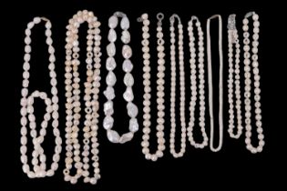 Nine various late 20th Century cultured pearl necklaces, longest 120 cm