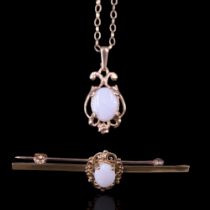 An opal pendant, being an oval opal cabochon, claw-set within a 9 ct gold openwork scroll mount,