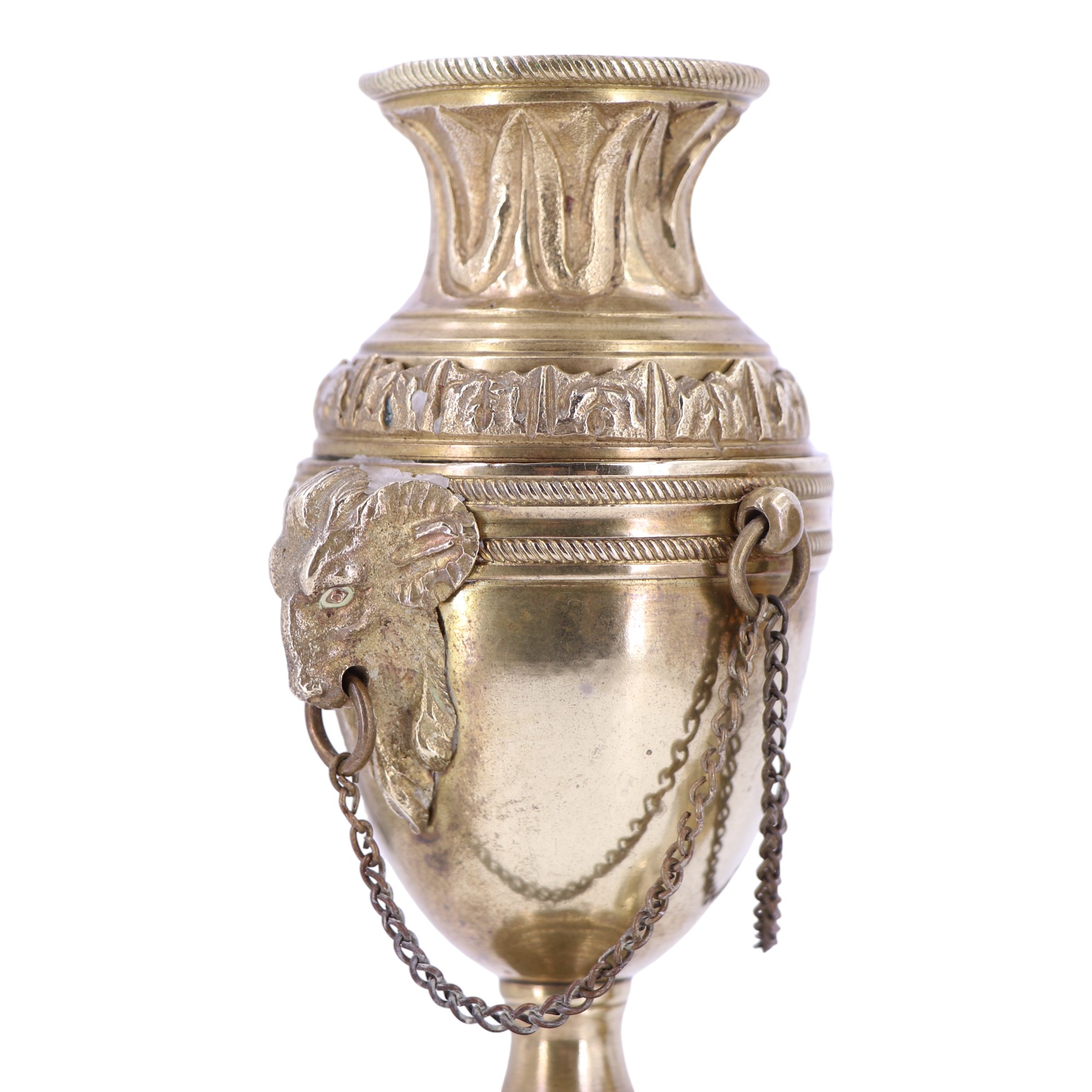 A pair of Louis XVI style brass and alabaster columnar candlesticks, each in the form of an - Image 5 of 6
