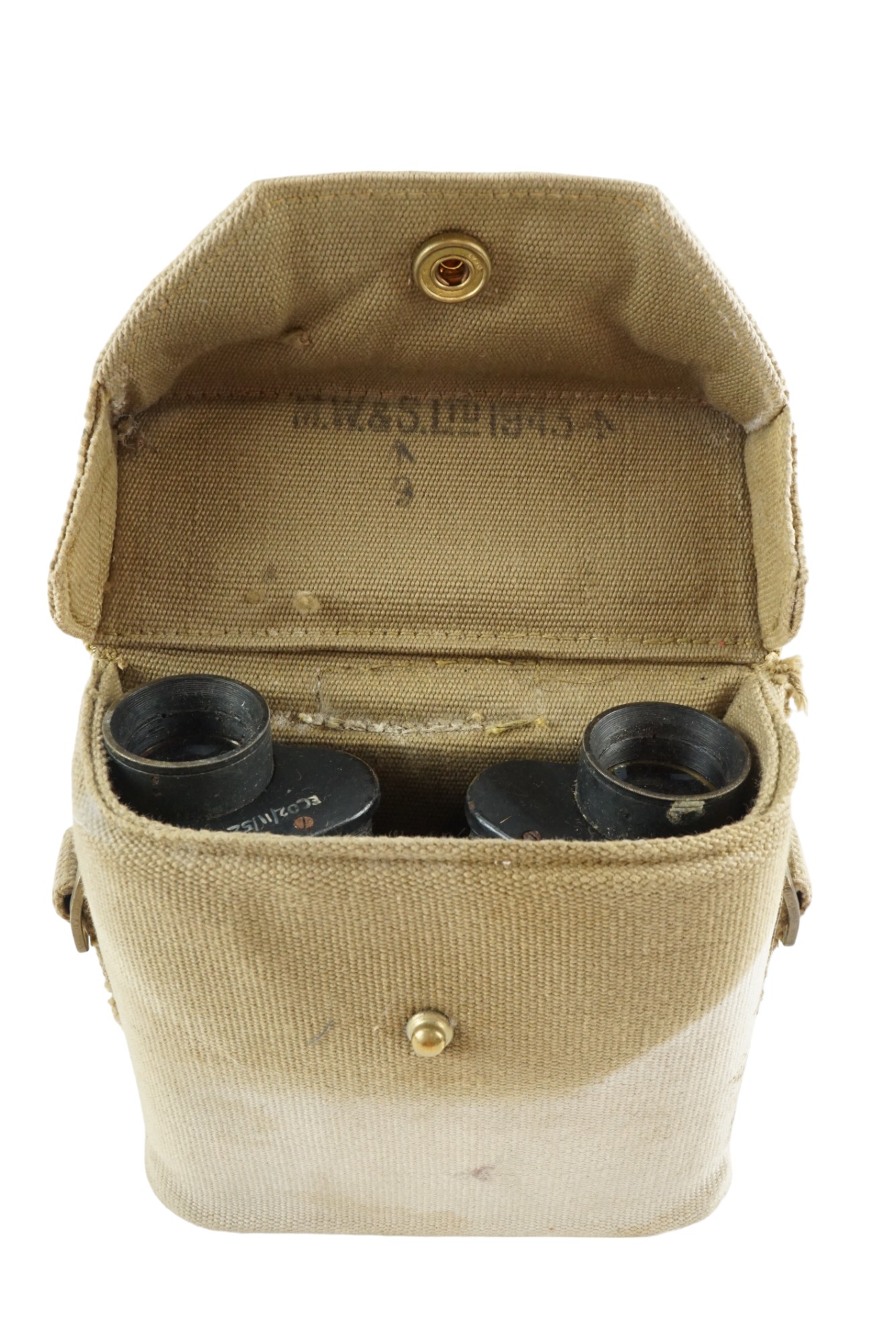 A pair of Second World War British Army Taylor-Hobson No2 Mk II binoculars in a 1937 pattern webbing - Image 3 of 3