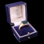 A Victorian signet ring, having a vacant square bloodstone matrix, bezel-set and "clinched"