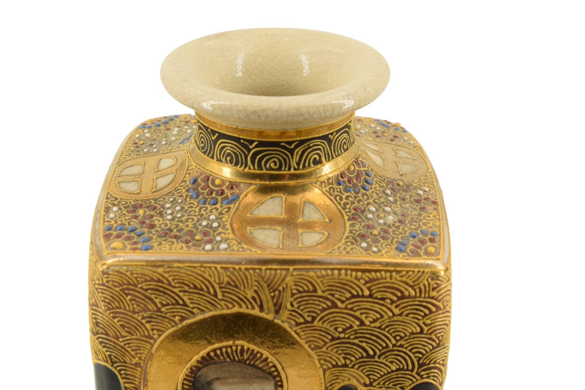 A Japanese Taisho period satsuma vase, of square shouldered form, hand painted character marks to - Image 4 of 5