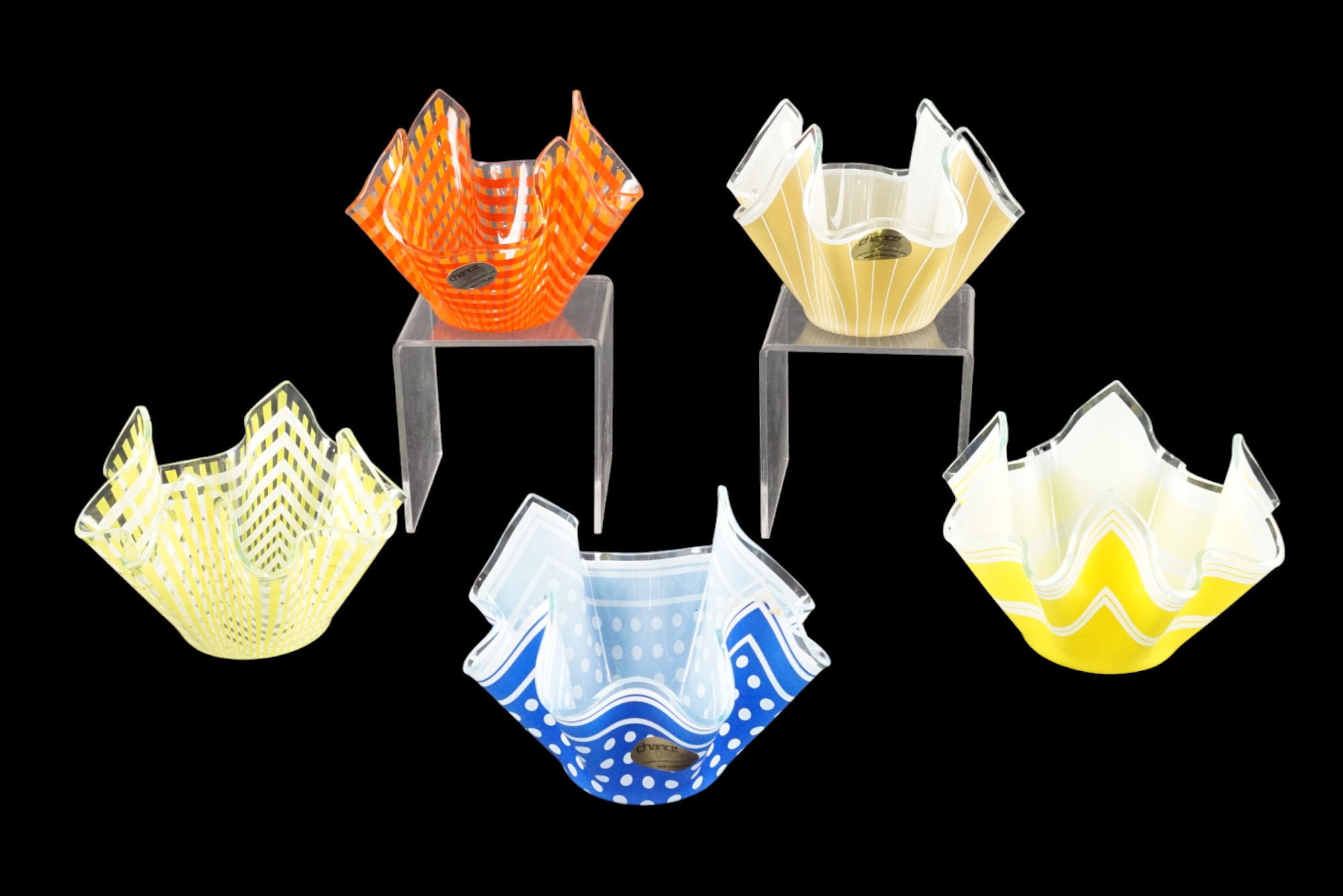 Three Chance Glass handkerchief bowls together with two other similar bowls, 10 cm