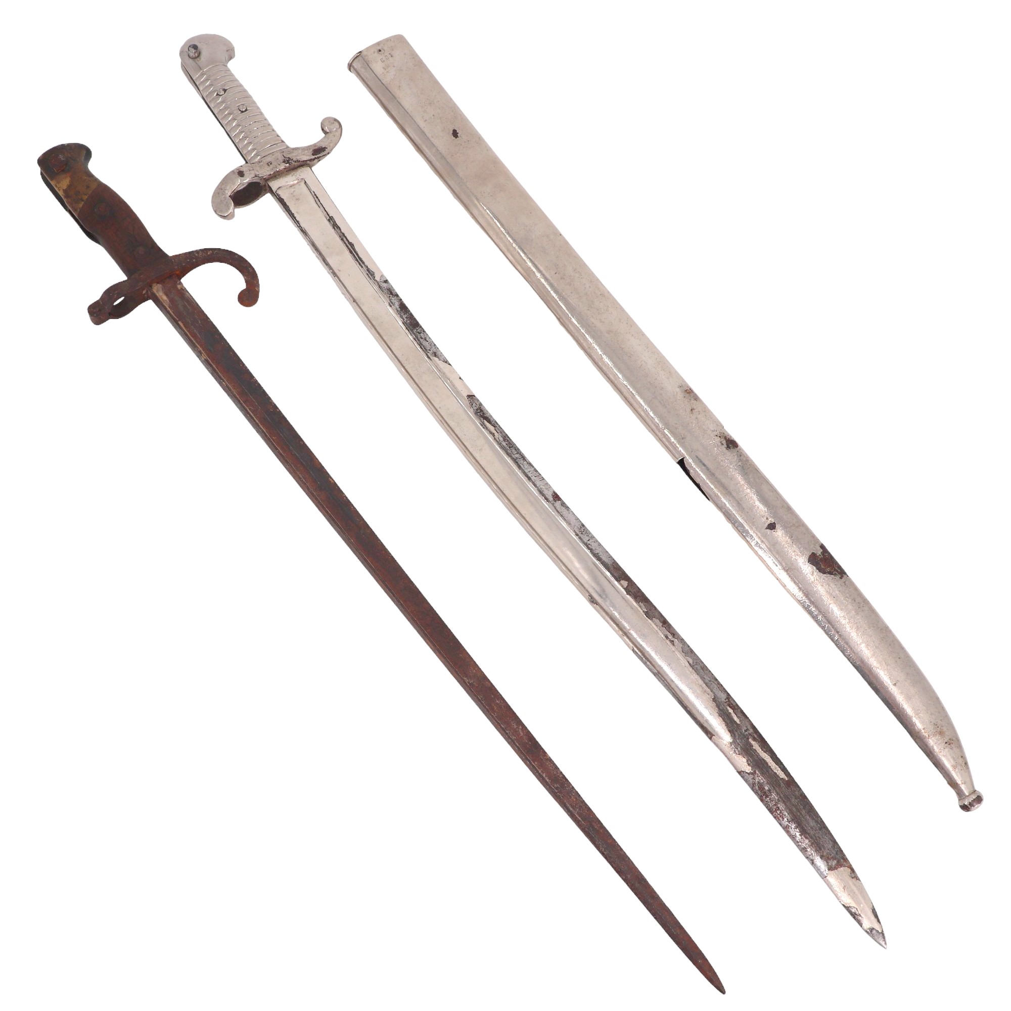 A French Mle 1842 bayonet, nickel plated and modified for cruciform wall display, together with an - Image 2 of 8