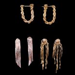 Three pairs of 9 ct yellow metal cable and fringe earrings, 2.9 g