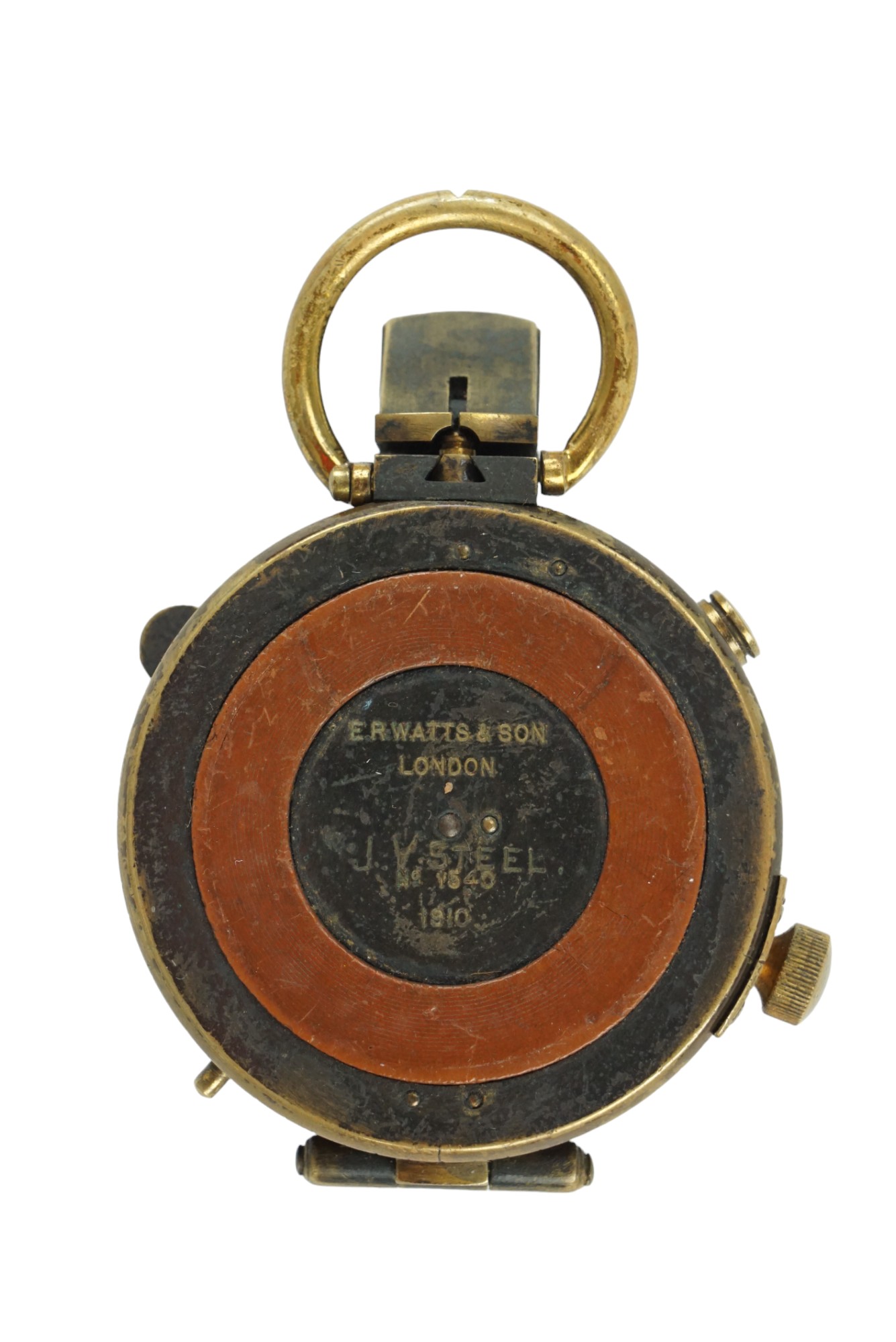 A 1910 date British army prismatic marching compass and leather case, each marked with the name J - Image 3 of 5