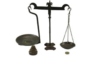 A Victorian iron beam scales and weights, 40 cm high