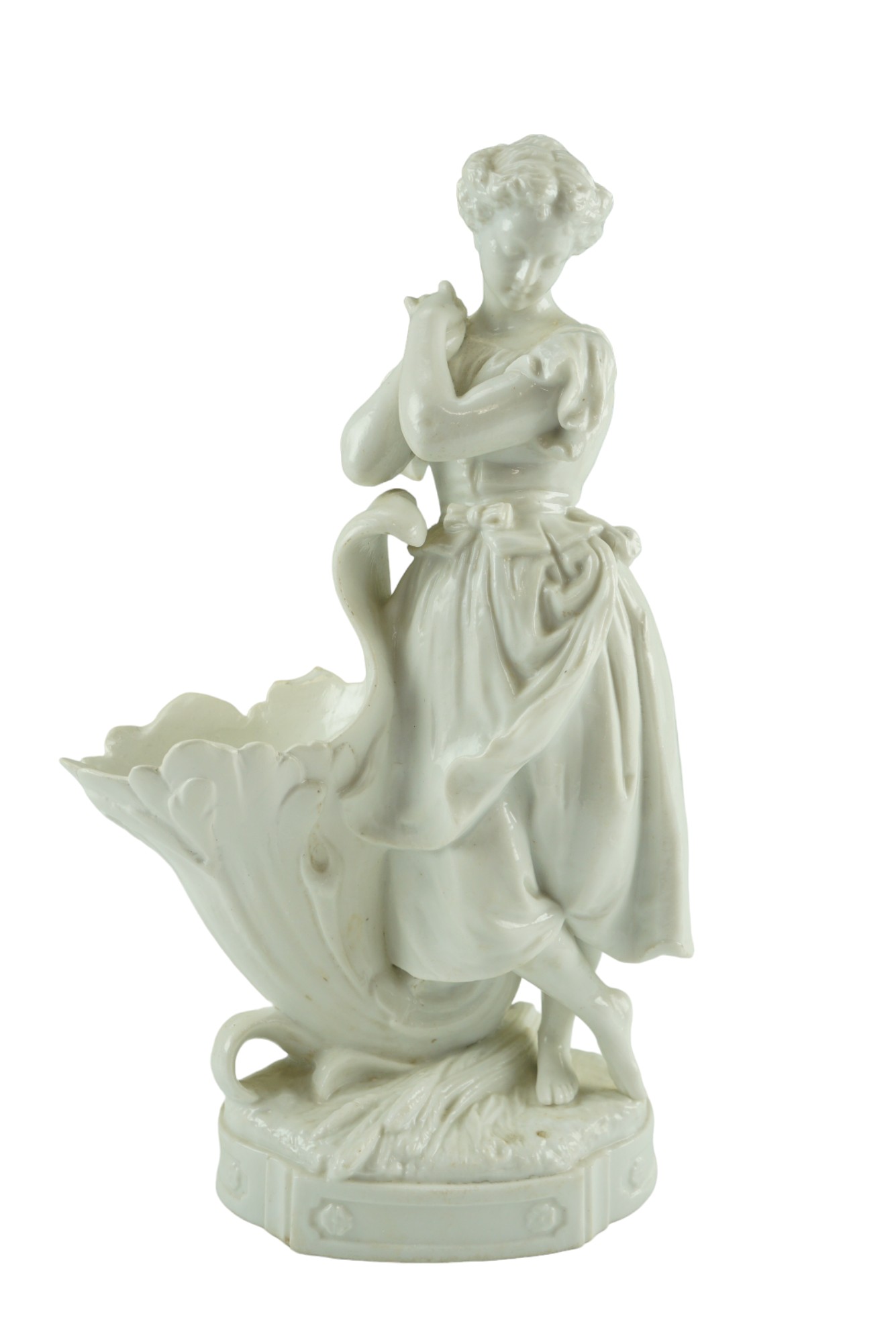 A 19th Century Meissen blanc-de-chine spill vase modelled as a young woman posed coyly, 28 cm, (a/
