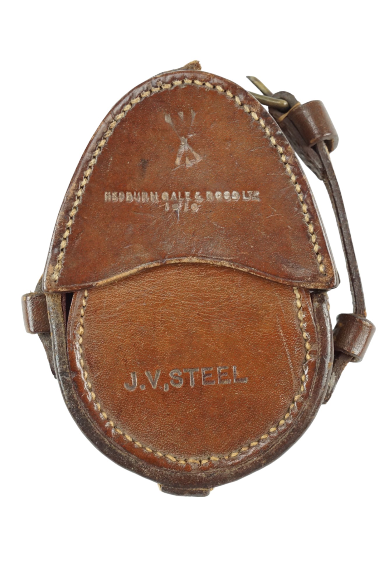 A 1910 date British army prismatic marching compass and leather case, each marked with the name J - Image 4 of 5