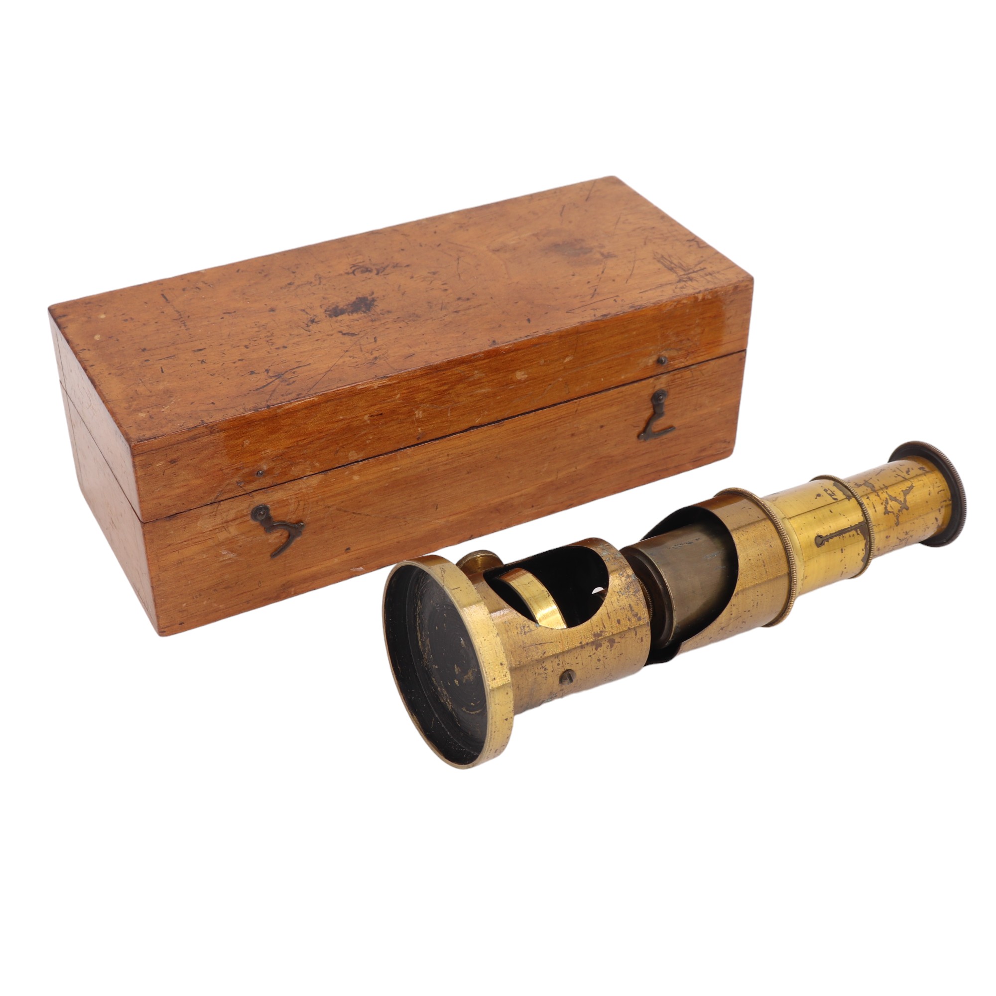 A Victorian student's brass drum microscope, 15 cm, in associated mahogany case