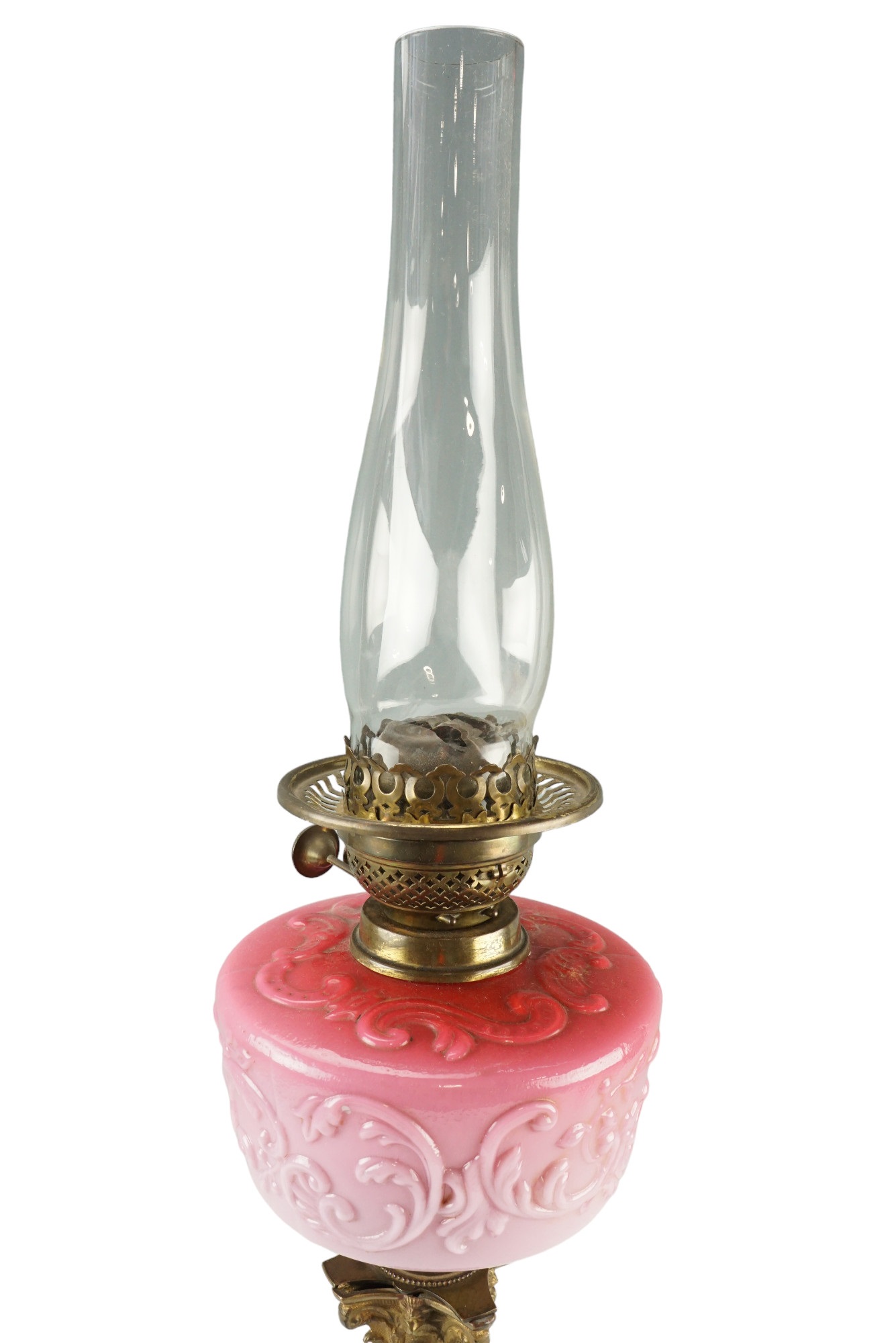A Victorian columnar oil lamp, having a Duplex burner and floral-scroll-moulded pink opaline glass - Image 2 of 12