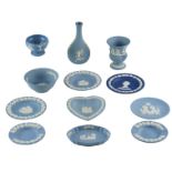 A group of Wedgwood blue Jasperware including a cobalt blue 1977 jubilee royal commemorative dish, a