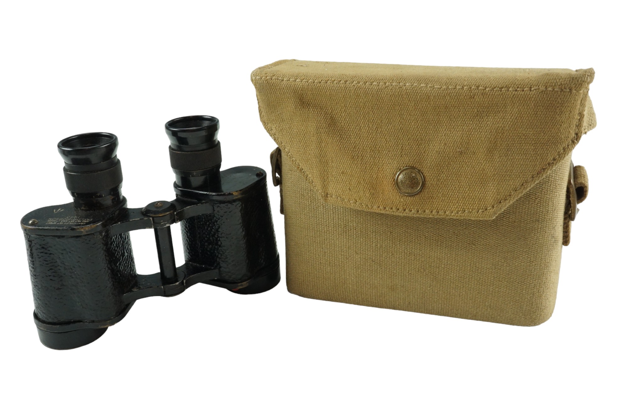 A set of 1943 British army No 2 Mk III binoculars in 1943 dated Pattern 1937 Webbing pouch