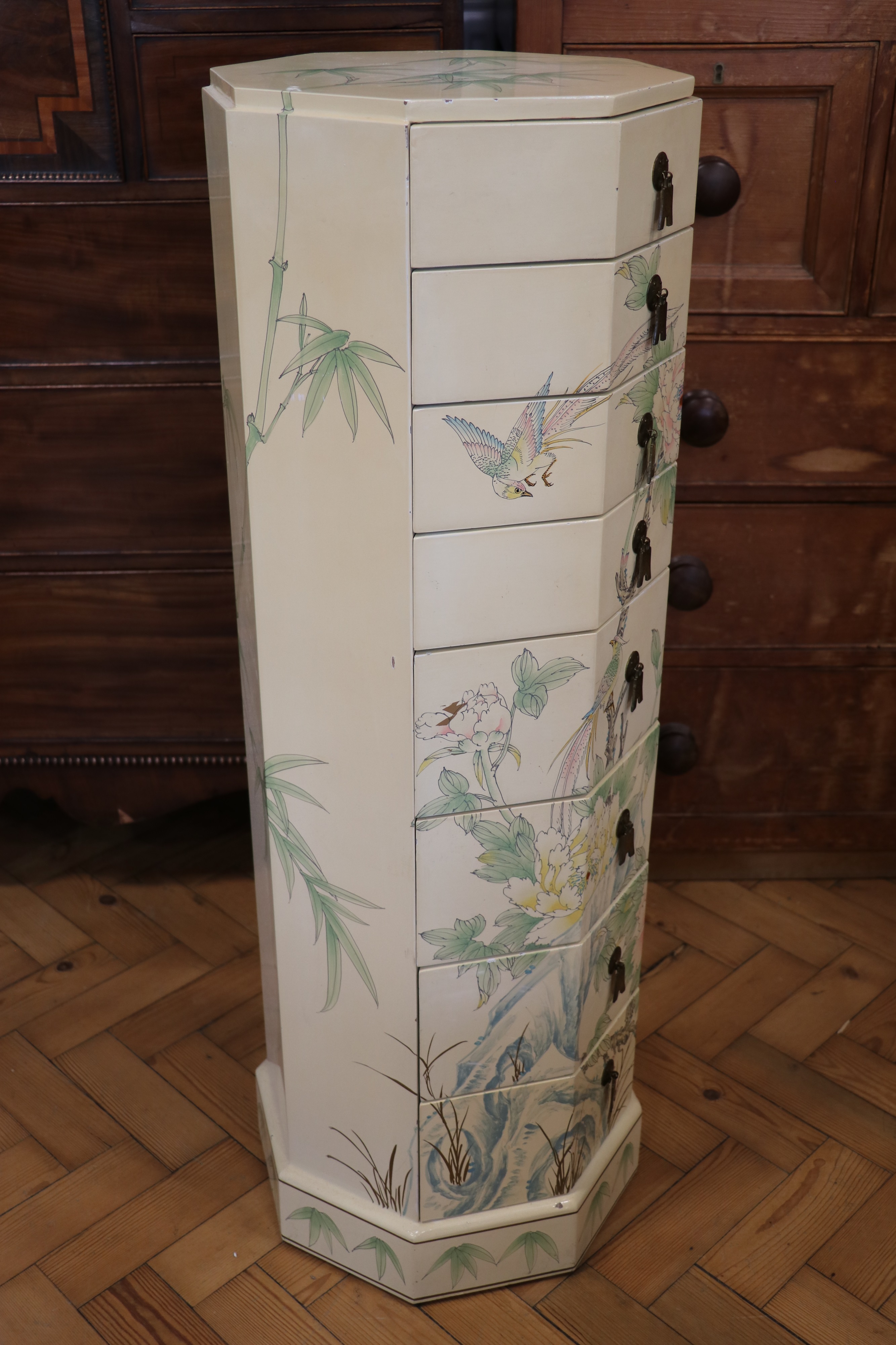 A late 20th Century Chinese lacquered tallboy, of octagonal form and decorated with birds among - Image 2 of 4