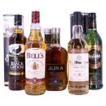 Five bottles of whisky comprising The Black Grouse, Glenfiddich Special Reserve, Jura, Bell's and