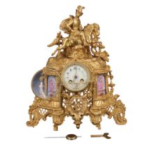 A late 19th / early 20th Century French ormolu mantle clock, adorned with a horse riding scene and