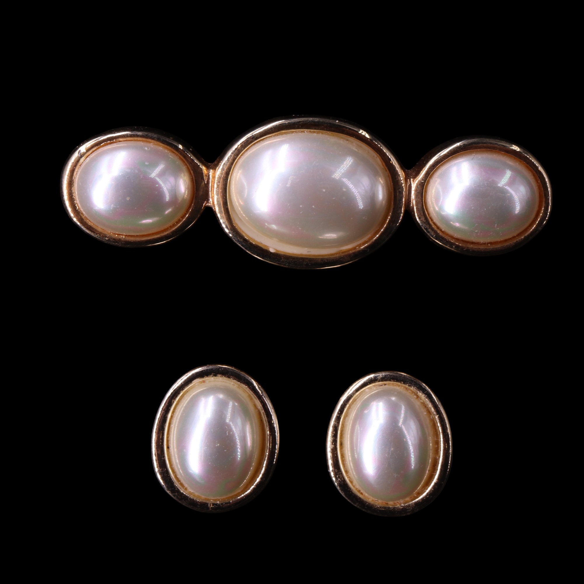 A Christian Dior faux mabe pearl and gilt metal brooch together with a pair of similar un-marked