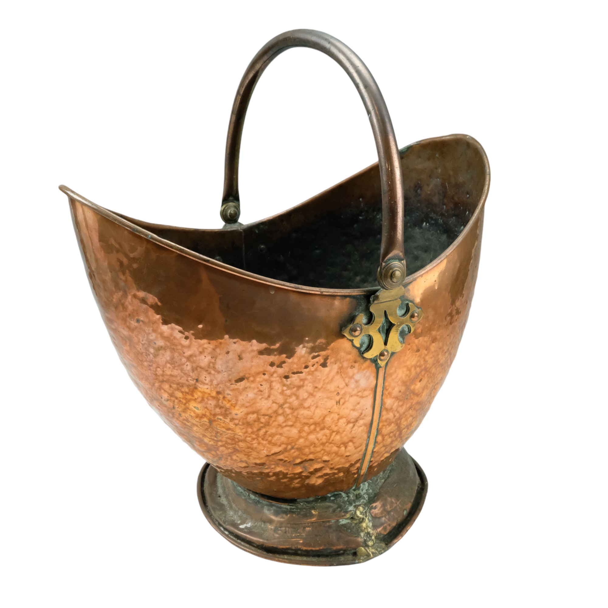 A Victorian copper coal helmet, 46 cm with handle raised