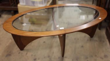 G Plan teak ' Astro ' oval coffee table with glass inset top, 122 x 66cm Generally in sound