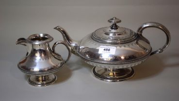 Elkington & Company silver plated teapot and cream jug of squat baluster form A little wear around