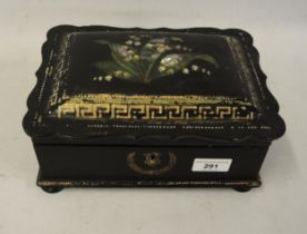 Victorian black lacquered papier mache work box housing a collection of sewing related items