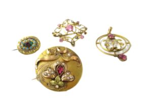 19th Century circular yellow gold split seed pearl and garnet set brooch, another smaller similar