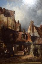 Alfred Montague, signed oil on millboard, figures at a continental village street (location
